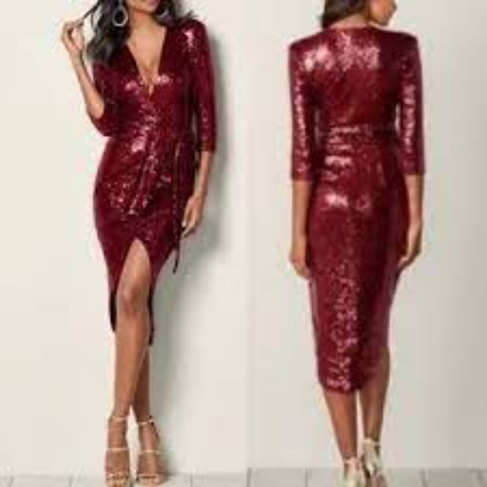 NWT VENUS RED BRICK GLITTER SEQUIN WRAP EVENING DRESS - 10